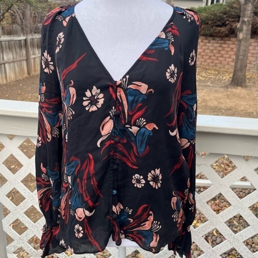 Joie Black Floral Silk Button Up Blouse Top Women Small Elastic Cuff Frill Lined